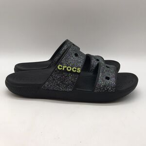 CROCS Iconic Comfort W 8-M 6  Double Strap Sandals Black Sparkly Slides Jibbits